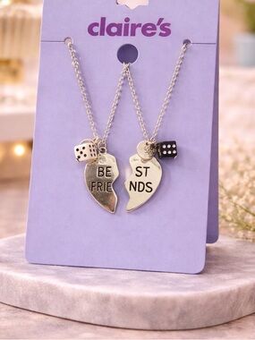 ⚠️ 5/25: Claire's Silver Split Heart Best Friends Necklace Set with Dice Charms